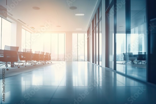 large business center with panoramic windows. modern design. copyspace. Modern empty office interior with panoramic city view, reflections on floor and daylight. Generative Ai.
