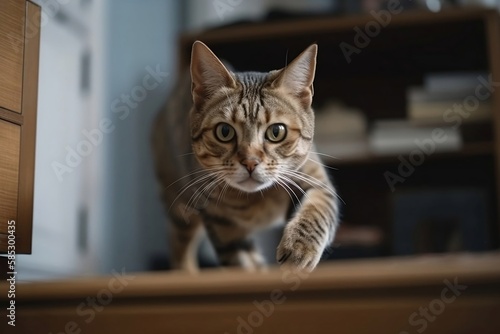 Close Up Cute Cat Running in the House blur Background © Thares2020
