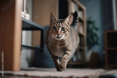Close Up Cute Cat Running in the House blur Background
