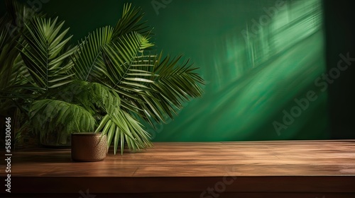 wooden table for show product display and presentation  summer and palm leaves background  copy space. Generative Ai.