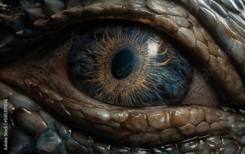 A close up of a blue eye with a snake on it