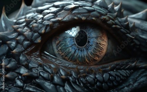 A close up of a blue eye with a snake on it