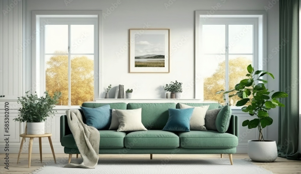 Naklejka premium Mockup poster frame on the wall of living room. Luxurious apartment background with contemporary design. Modern interior design. 3D render, 3D illustration, Generate Ai