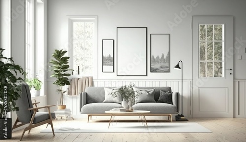 Mockup poster frame on the wall of living room. Luxurious apartment background with contemporary design. Modern interior design. 3D render, 3D illustration, Generate Ai © MstAsma