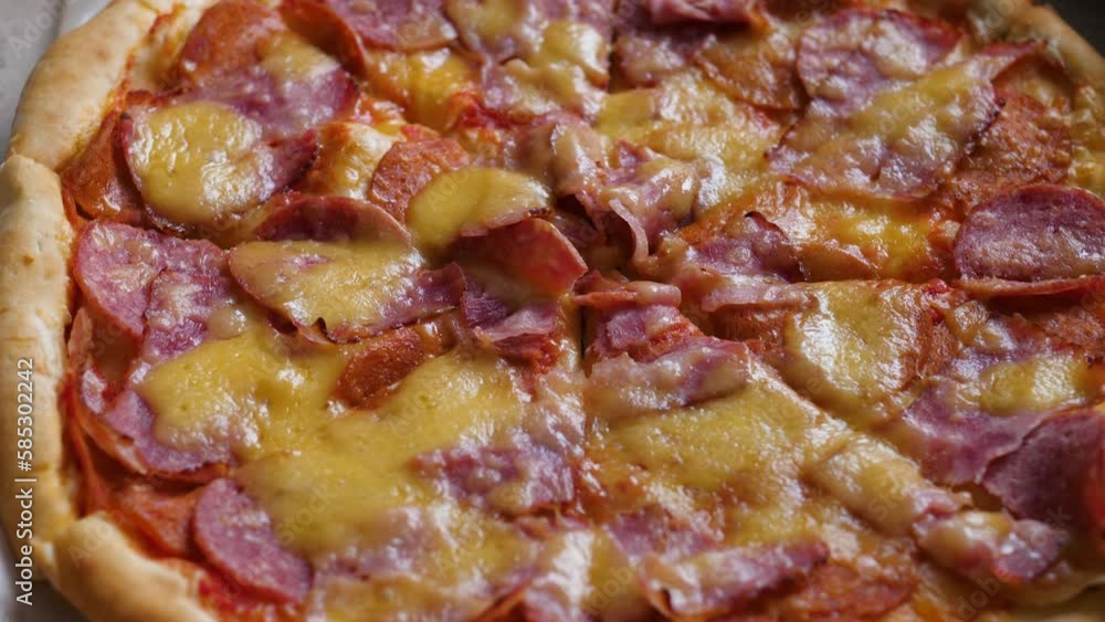 big paln open box with fresh appetizing pizza.selective focus. pizza delivery, fast food, italian food, pizza with bacon and salami big paln open box with fresh appetizing pizza.selective focus. pizza delivery, fast food, italian food, pizza with bacon and salami