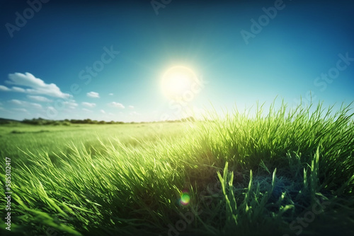 Beautiful panoramic natural landscape of a green field with grass against a blue sky with sun Spring summer blurred background with Generative AI technology