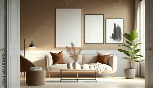 Mockup poster frame on the wall of living room. Luxurious apartment background with contemporary design. Modern interior design. 3D render  3D illustration  Generate Ai