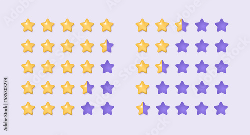 Set of 3d golden stars for low and high rating on purple background. Customer review or feedback from clients concept. Realistic vector illustration for website or mobile applications.