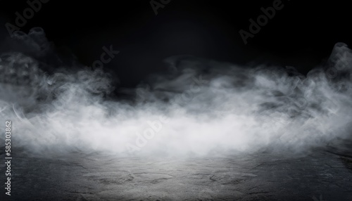empty stage with central spot light with dark background and white smoke. Generative AI