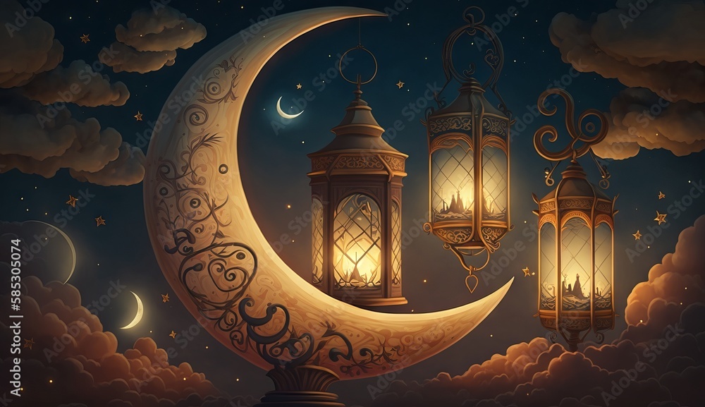 islamic illustration of a crescent moon and realistic clouds with traditional lanterns and candles lighting up the night. Generative ai