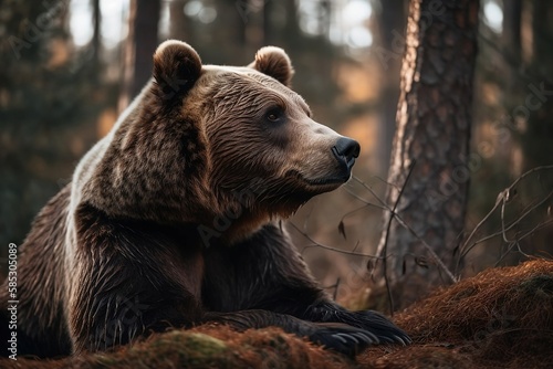 Closeup of a Wild Bear in the Forest. Large Background of Nature and Wildlife