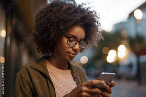 Happy afro American young girl reading a message from smartphone  fictitious person. AI generated image