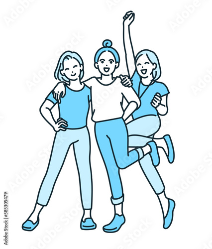 わいわいとはしゃぐ仲良し3人組。楽しそうな女性のイラスト素材。