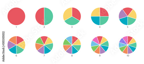 Segment color slice set. Pie chart icons. Wheel round diagram part. Circle section graph. 1,20,19,18,16,9 segment infographic. Three phase, six circular cycle. Geometric element. Vector illustration
