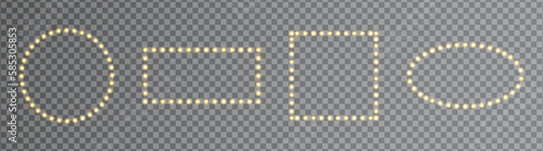 Golden light frame set. Gold bulb border. Lamp bright circle square banner. Retro neon wall billboard. Cinema, casino design element. Glitter luxury decoration. Mirror background. Vector illustration