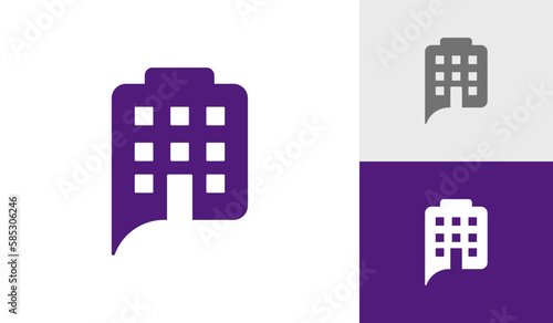 Hotel building with bubble chat logo design