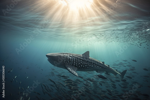 a Rhincodon typus swimming in the ocean with many small fishes around, generative AI