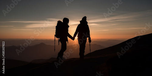 silhouette of mountaineer holding her friend's hand Generative AI