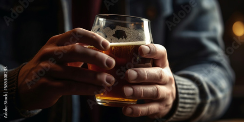 man holding glass of beer, close up Generative AI