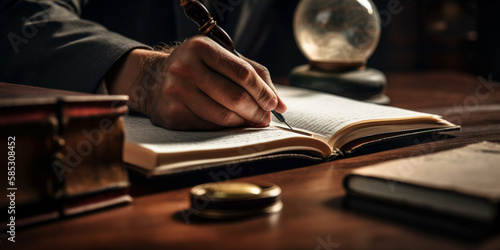 Closeup shot of a person writing in a book with a gavel on the table Generative AI © bahadirbermekphoto