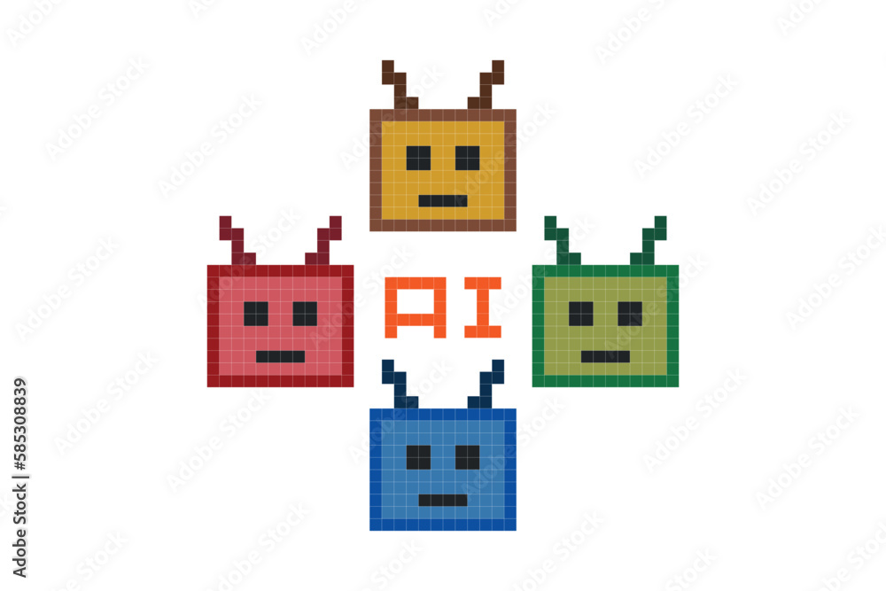 Cute pixel cartoon 8 bit character robot or AI pixel cross stitch style can chat learn AI technology robot for education calculate chat bot vector.