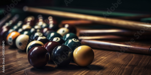 Closeup of billiard balls and sticks on the tablehamburger on isolated white background Generative AI photo