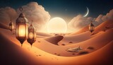 islamic illustration of a crescent moon and realistic clouds with traditional lanterns and sand dunes. Generative ai
