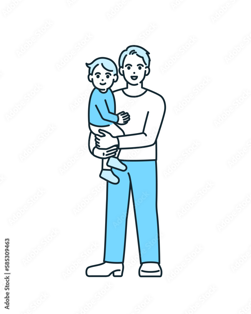 子供を抱き抱える男性。若いお父さんのベクターイラスト素材。