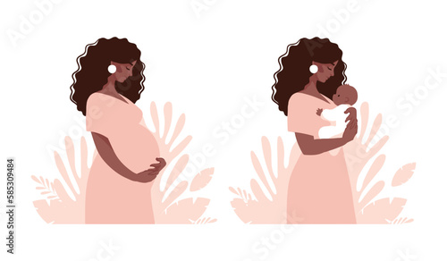 Beautiful pregnant black woman, hispanic mommy hugging newborn baby, motherhood and family concept. Motherhood flat vector illustration set isolated on white background.