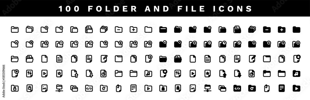 Vector Icon design of folder and file. 100 icon collection with line and solid style. Vector Icon design of folder and file. 100 icon collection with line and solid style.