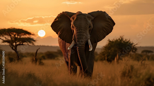 elephant strolling through the serengeti  sunset and rain in background