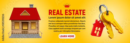 Beautiful house and keys with keychain. Banner template on real estate theme, buying, selling, protection, security, property insurance, yellow background. Vector 3d realistic illustration
