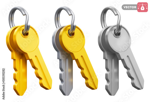 Two english keys from the door lock. Keys hangs on the ring. Gold and silver colors in the set. Isolated on white background. Vector 3d realistic illustration