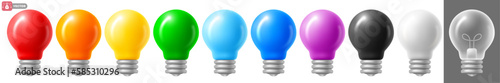 Set of Light bulbs in 3d minimal style. Colorful and transparent incandescent lightbulb. Inspiration, new creative idea concept. Innovation solution of task in business. Vector realistic illustration