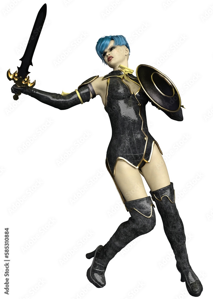 3D Warrior woman with blue hair
