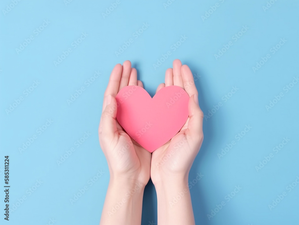 Women's hands holds a pink paper heart with copy space for text, valentines postcard, greeting card mockup, valentines day and mother day background Women's hands holds a pink paper heart with copy space for text, valentines postcard, greeting card mockup, valentines day and mother day background