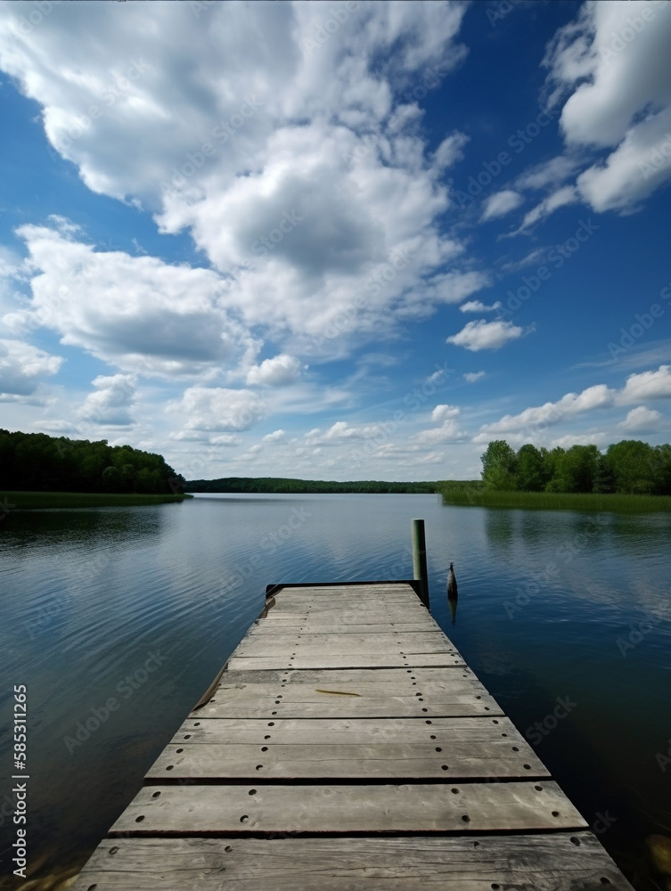 Wooden dock overlooking on a calm lake in wilderness with reflecting sky on beautiful sunny summer day. Generative AI