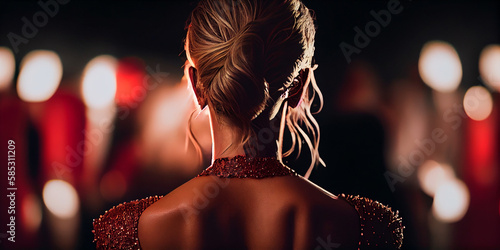 Beauty woman from behind on red carpet, celebrity, paparazzi photo