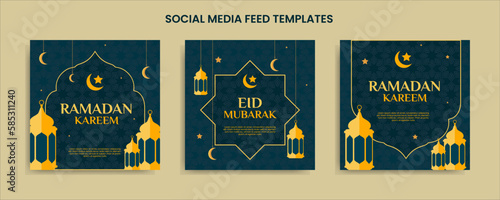Islamic template background, green set square banner for ramadan kareem feed social media post, with hanging lamp, star moon. vector illustration eps10.