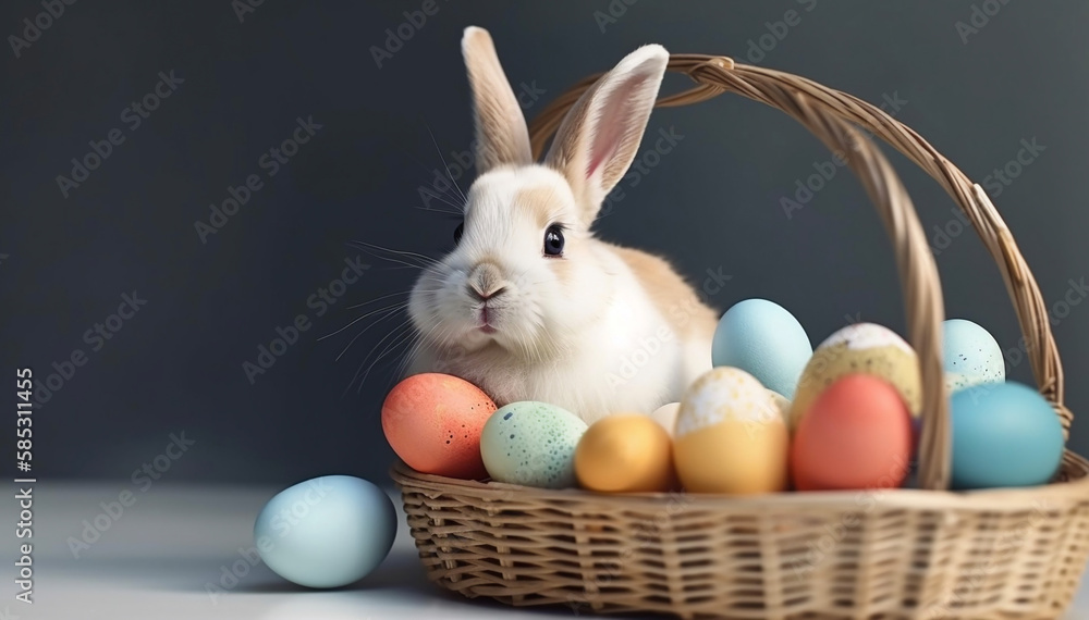 Cute rabbit and colorful painted easter eggs. Concept of happy easter day. Cute rabbit and colorful painted easter eggs. Concept of happy easter day.