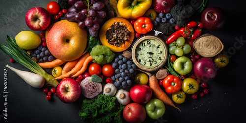 vegetables and fruits around the alarm clock. Diet and healthy lifestyle concept top view Generative AI