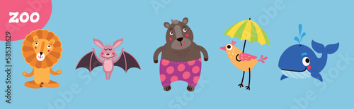 Set of cute vector animal characters for kids. African, marine and forest animals