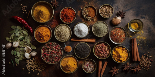 Top view of various indian spices and seasonings on a table Generative AI