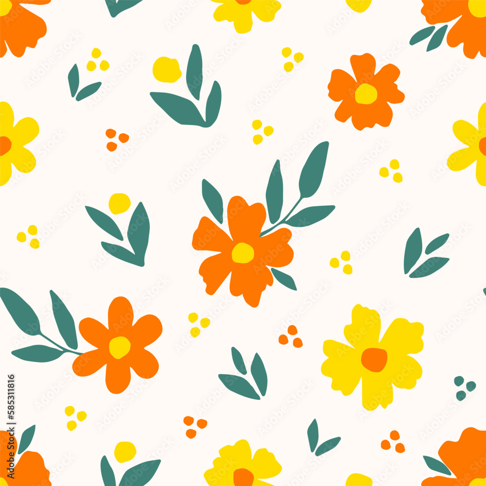 Simple gentle calm floral vector seamless pattern. Yellow orange flowers, green leaves on a light pink background. For fabric prints, textile products, clothing. Simple gentle calm floral vector seamless pattern. Yellow orange flowers, green leaves on a light pink background. For fabric prints, textile products, clothing.