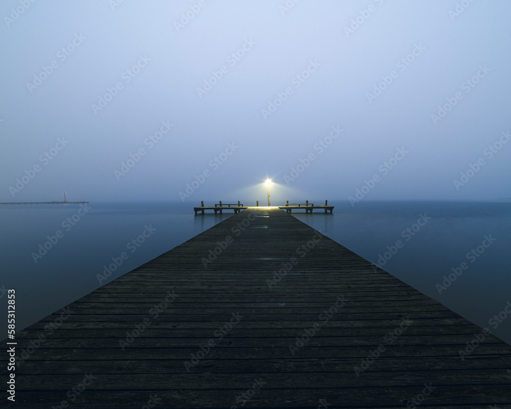 Mystical Morning: Foggy Dock at Sunset Liminal Space Background