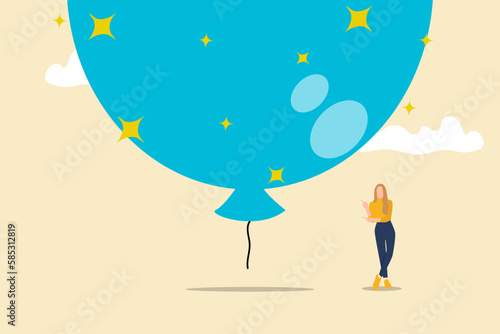 Business woman investor standing under huge big air balloon bubble. concept of Stock market, crypto currency bitcoin bubble, risk of speculation investment