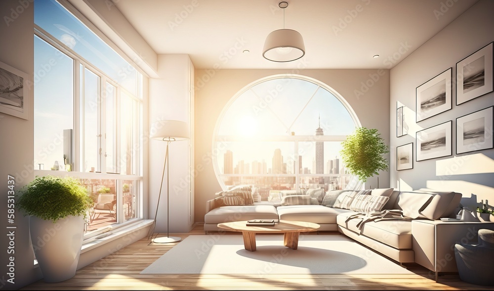 a living room with a large window and a couch in front of it. generative ai a living room with a large window and a couch in front of it. generative ai