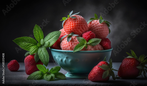  a blue bowl filled with strawberries and mint leaves on a table.  generative ai