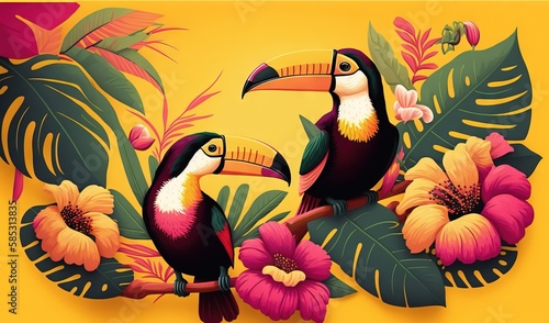  two toucans sitting on a branch surrounded by tropical flowers.  generative ai © Anna