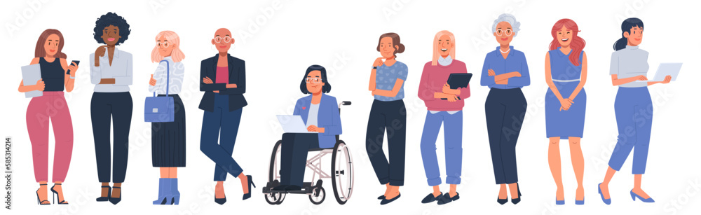 Collection of business women in office suits of different ages and races on a white background. Young and active, mature and seniors Collection of business women in office suits of different ages and races on a white background. Young and active, mature and seniors